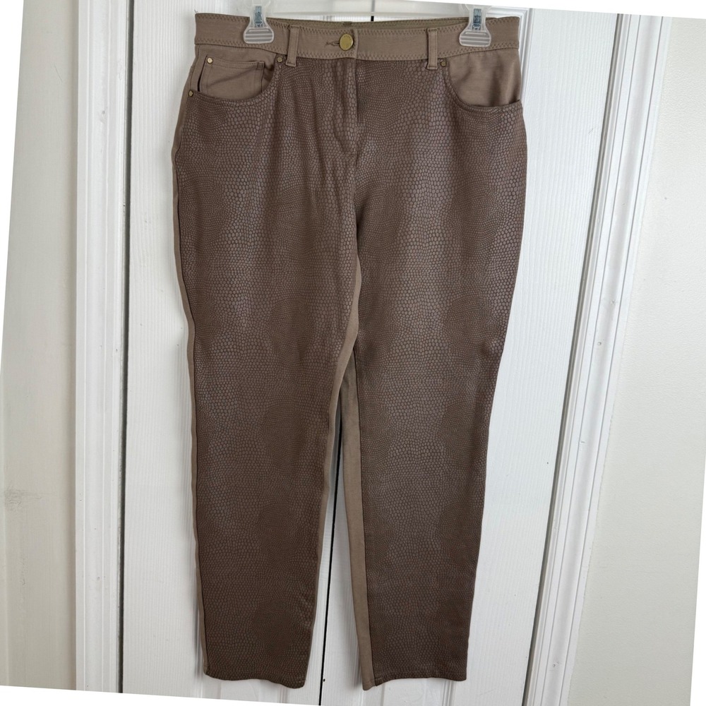 Chicos Snakeskin Print Stretch Pants Brown Metallic Animal Pattern Size 0.5 M 6